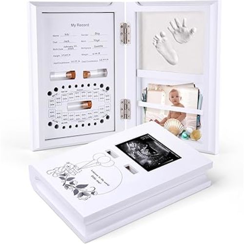 Baby Memory Book,Pregnancy Journal Milestone Cards Newborn Keepsake,Baby's Handprint or Footprint Ultrasound Keepsake Picture and Tooth Fairy Box Fetal Hair Container Multipurpose Wooden Frame Kit