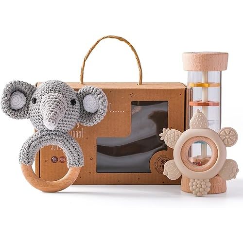 Youuys Wooden Baby Rattle Set (3pcs) - Crochet Rattle Rain Stick Teething Toys, Wooden Montessori Toy for Newborn Infant Baby Rattles Set Toys 3-6-12 Months (Gray Elephant)