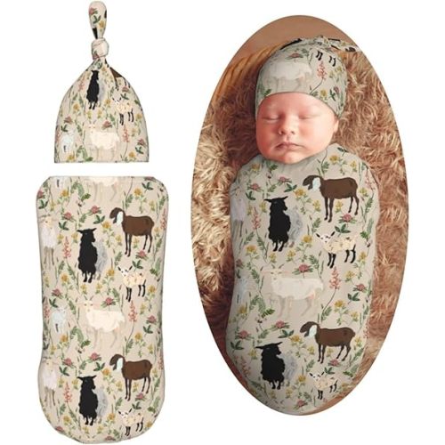 KiuLoam Farm Animals Goat and Flowers Newborn Swaddle Set with Matching Hat, Newborn Receiving Blanket Soft Unisex Infant Swaddle Wrap for Baby Boys and Girls
