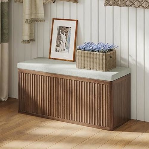 Fluted Shoe Storage Bench with Cushion, 2-Tier Entryway Bench with Storage, Hidden Shoe Cabinet, Entry Way Benches with Storage,for Hallway, Living Room, Bedroom (Shoe Bench-Walnut)