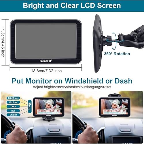 DoHonest Baby Car Camera 7-Inch: USB Plug and Play Easy Setup 360 Degree Rotating Backseat Camera Two Kids HD 1080P Rear Facing Car Seat Camera Clear Night Vision -V9 Black