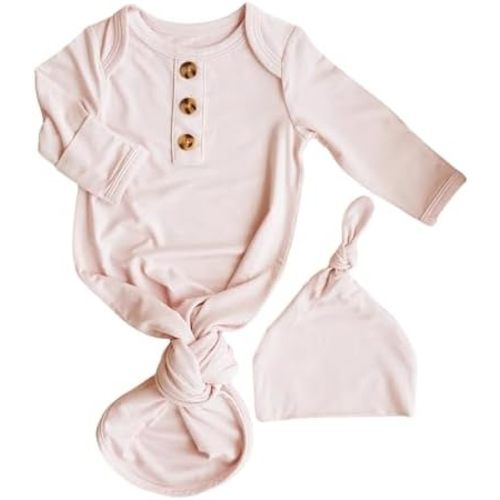 Caden Lane Newborn Knotted Gown with Hat, Soft Bamboo Viscose Baby Sleep Sack, Unisex Infant Nightgown, Breathable Sleepwear