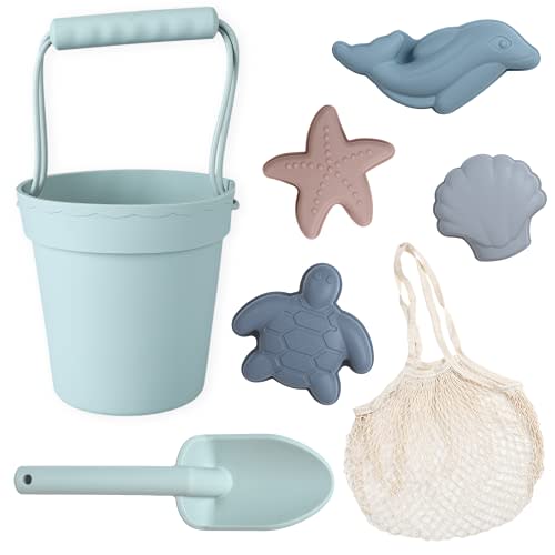 BLUE GINKGO Silicone Beach Toys - Modern Baby | Travel Friendly Set Bucket, Shovel, 4 Sand Molds, Bag for Toddlers, Kids Green