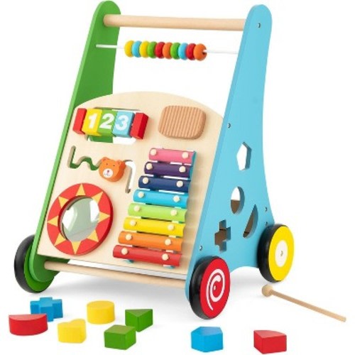 Safstar Baby Push Walker, Wooden Infant Walker Activity Center with Shape Sorter, Push Toys for Babies Learning to Walk, Gift for Boys and Girls