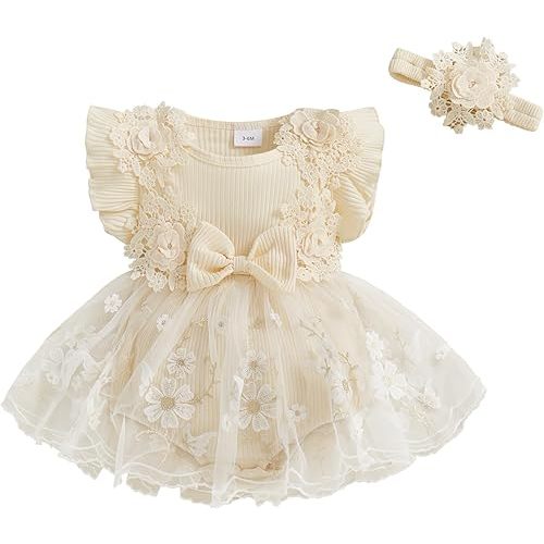 Newborn Baby Girl Summer Dress Ruffle Sleeveless Floral Embroidery Romper Dress Headband Beautiful Clothes Set