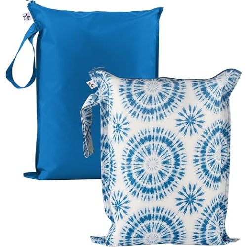Tiny Twinkle Mess-Proof Waterproof Wet Dry Bag | 2-Pack Reusable Wet Bags for Swimsuits & Baby Clothes | Leakproof Wet Bag for Travel & Diaper Changes for Baby (Blue Tie Dye)
