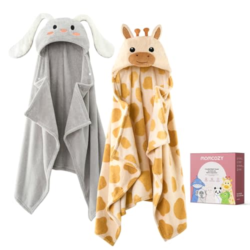 Momcozy Baby Bath Towels with Visualize Health Label - Ultra Soft & Absorbent Coral Fleece Hooded Towels for Newborn, Infant, Toddler (0-36 Months) Bath Essentials (Large Size,2 Pack)