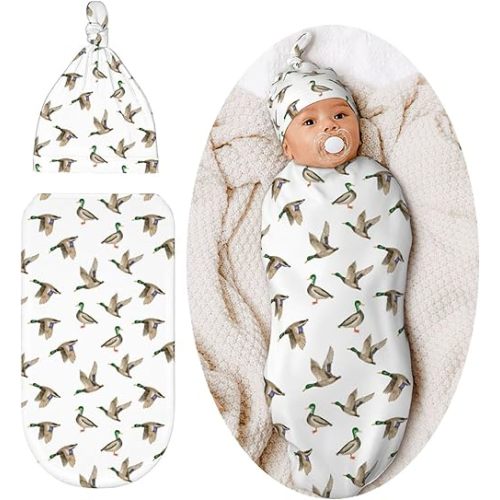 Mallard Duck Baby Stuff Newborn Baby Swaddle Blanket Wrap Blanket Soft with Beanie Hat Sets Gifts for Infant Boys Girls