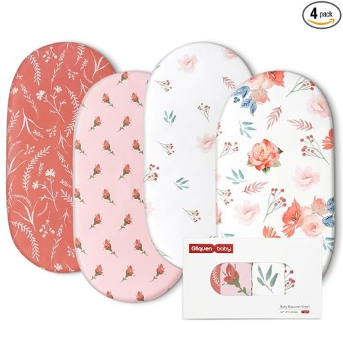 Gllquen Baby Bassinet Sheets 4 Pack, Breathable Cozy Fitted Mattress Sheet, Elastic Travel Crib Fashionable Floral Pattern, Standard Cradle Safe Sheets for Baby Boys Girls 32"x16" (Flower)