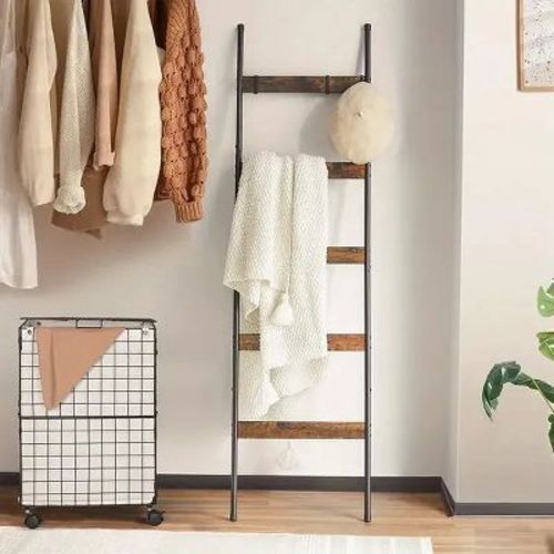 Farmhouse 10-Tier Wooden Blanket Ladder, Wall Mounted Towel Rack with 5 Hooks & Storage Shelf for Living Room, Bathroom Decor