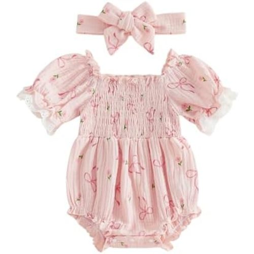 Newborn Baby Girls Summer Clothes Floral Bow Lace Ruffle Pleated Smocked Bubble Romper Bodysuit Jumpsuit Outfit