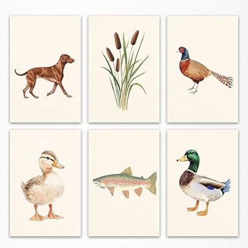 Nursery Animal Canvas Wall Art, Mallard Duck Hunting Poster, Fish Fishing Wall Decor, Set of 6 Watercolor Animals Painting for Kids, Farm Plant Picture, Dog Bird Turkey Cabin Art 8x12in Unframed