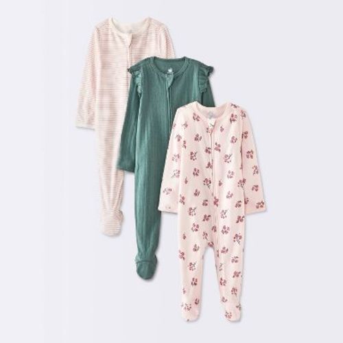 Baby Girls' Long Sleeve Floral Pointelle Sleep N Play - Cloud Island™ Pink/Green 0-3M
