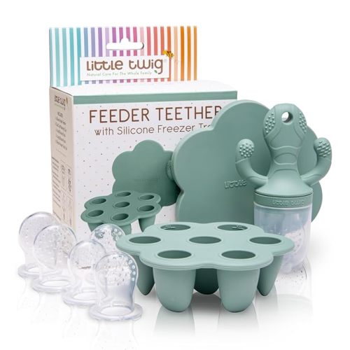 Little Twig Baby Fruit Feeder Pacifier Teether | Food Freezer Tray with Lid BPA Free Silicone Freezable Feeding Set for Breast Milk Ice Cubes, Food, Vegetable Purees - Sage