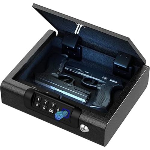 Gun Safe,Biometric Gun Safe for Pistols 3-Ways unlock Safe Fingerprint Digital PIN Key Unlock with Voice, Gun lock box for Cloakroom living room Bedroom Nightstand and Car BILLCONCH