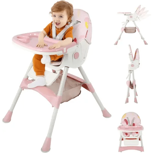 3 in 1 Baby High Chair,Foldable Portable Baby Highchair Adjustable 5 Point Harness, Tray, Foot Rest, Multifunctional Infant Highchair for Babies & Toddlers