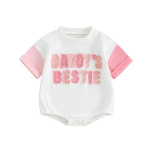 Mevireiy Daddys Bestie Romper Letter Embroidery Contrast Color Bubble Onesie Bodysuit, Pink, 6-12 Months