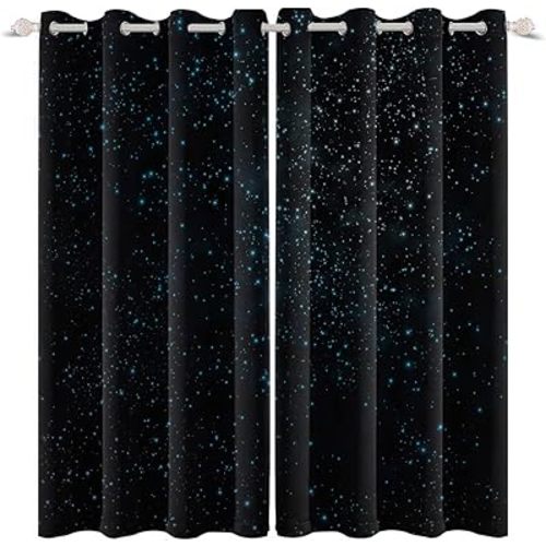 Renaiss Starry Starry Sky Window Curtains Blue Brilliant Stars Window Treatments Black Clear Night Sky Blackout Drapes for Man Woman Bedroom Living Room Decoration Home Decor 26x63 Inches x 2 Panels