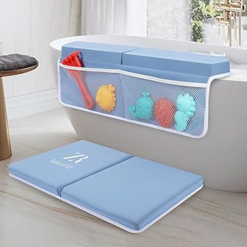 Baby Bath Kneeler and Elbow Rest Pad Set - Comfortable Non-Slip Cushion with Toy Organizer Pockets, Baby Bathtub Mat for Bathing Needs, Baby Bath Set for Toddlers and Newborns (Blue)