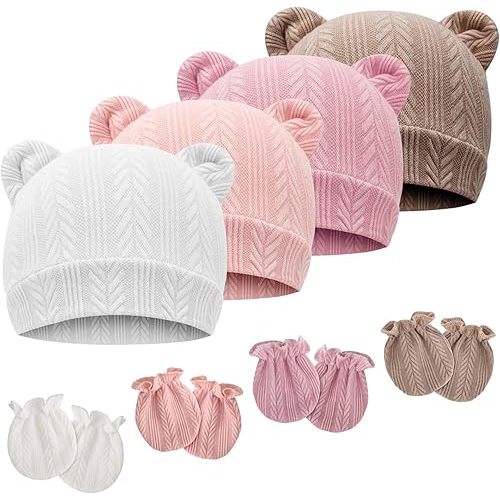 Newborn Baby Hat and Mittens Set Bear Ears Toddler Infant Beanie Caps Newborn Hospital Hat for Baby Boy Girl 0-3 Months
