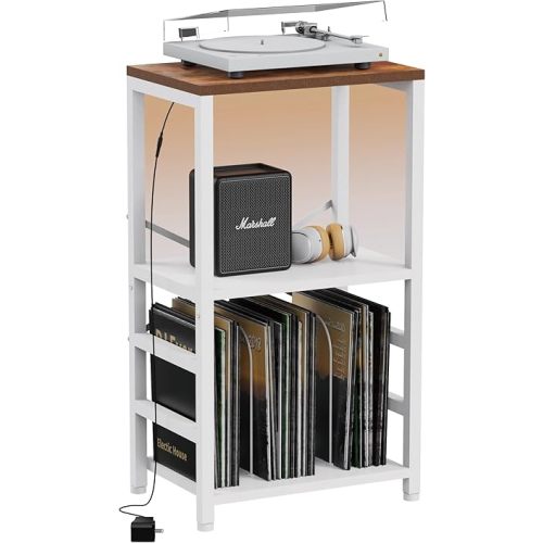 End Table with LED Light,Record Player Stand with Albums Storage,Vinyl Records Storage,Turntable Stand Side Table for Music Room Studio Living Room Bedroom-White