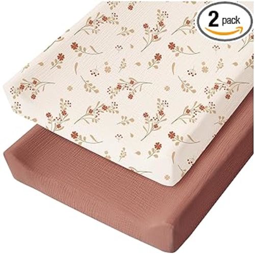 (Chestnut, Posy) Konssy Muslin Changing Pad Cover for Baby Girls Boys, 100% Cotton Fitted Diaper Chang Table Covers, Soft Breathable Changing Pad Sheets, 2 Pack