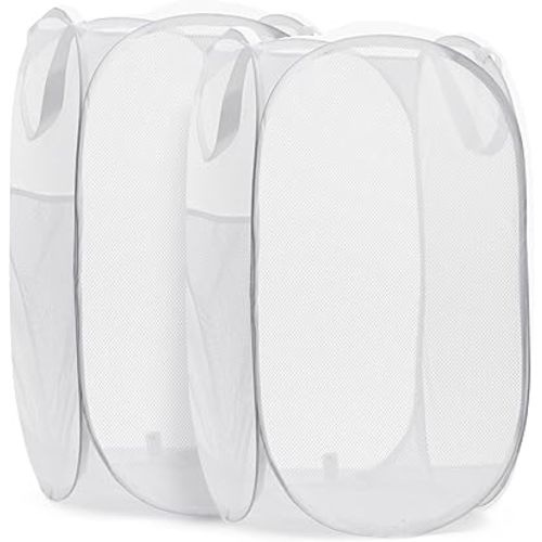 Handy Laundry Collapsible Mesh Pop Up Hamper with Wide Opening and Side Pocket – Breathable, Sturdy, Foldable, and Space-Saving Design for Clothes and Storage. (White | 2-Pack)