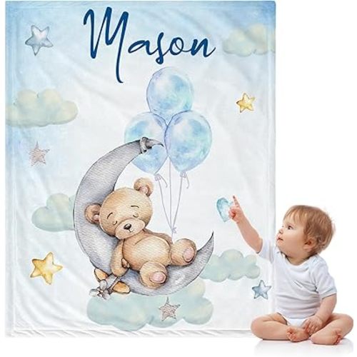 J&SBGFT Personalized Baby Blanket for Boys - Custom Name Receiving Blanket for Toddlers, Kids - Nursery, Stroller, Crib Decor Throw With Sleeping Bear