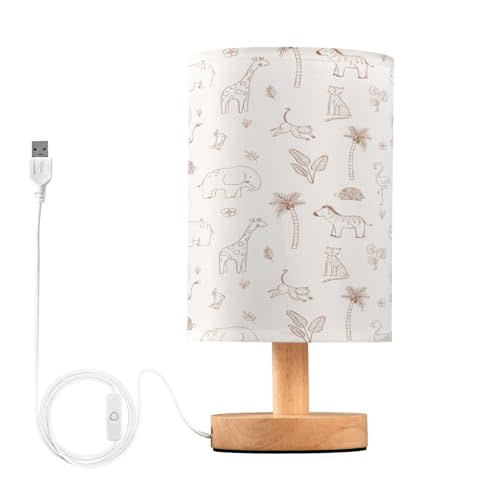 Kigai Brown Safari Animals Bedside Table Lamp for Bedroom with USB Ports Small Nightstand Lamp LED Reading Desk Lamp with Fabric Shade for Living Room, Dorm, Home, Office