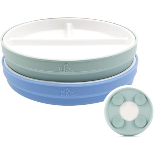 Elk and Friends Kids 7.8” Porcelain Divided Plates with Silicone Suction Sleeves | Suitable for Kids/Toddlers | Microwave & Dishwasher Safe | Non Slip | Snack Dishes