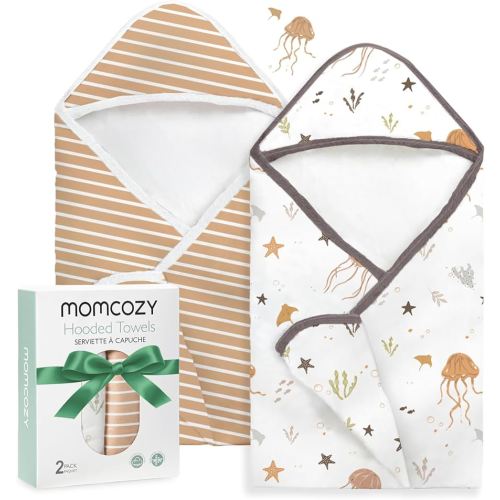 Momcozy Baby Towel with Hooded-2 Pack Soft Bath Towel Set-Shower Gifts or Bath Essential for Infant,Newborn, Toddler (28 X 28 Inch, Ocean Whimsy)