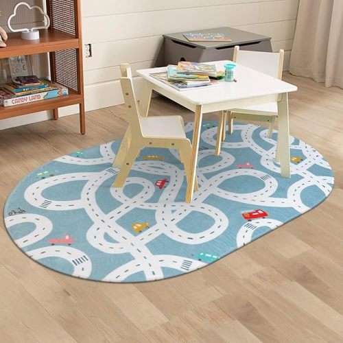 Large Kids Playroom Rug, 4'x6' Washable Road Rug for Nursery, Non-Slip Fun Area Rug for Kids Room, Blue Car Rug Play Mat Soft Baby Carpet for Boys Girls Dorm Toy Room Tent