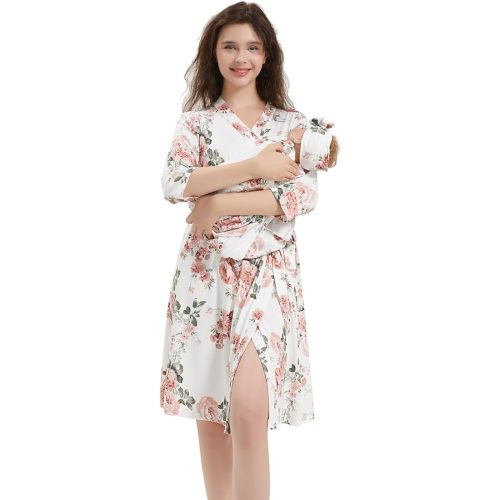 Galabloomer Maternity Robe and Baby Receiving Blanket, Matching Mommy Labor Delivery Robe and Swaddle Set (l,white big flower)