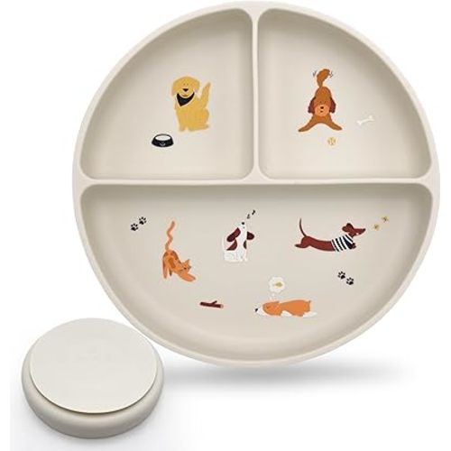 Silicone Suction Plates with Dividers - Grip Plates for Babies 6-12 Months and Toddlers 1-3, Toddler and Baby Dishes, Baby Led Weaning Essentials, Dishwasher Safe (Beige - Dogs and Cats)