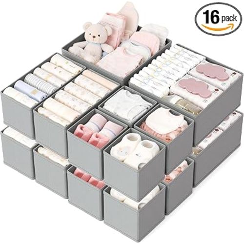 Drawer Organizer, 16 Pack Baby Dresser Organizer for Nursery, Foldable Closet Organizers and Storage Dresser Dividers for Clothes, Socks, Scarves, Ties (Gray)