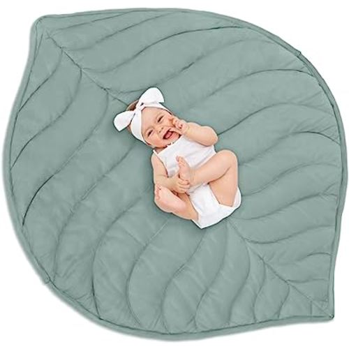 Funtery Baby Play Mat 56 x 42 Inch Cotton Crawling Cushion Cotton Nursery Rug Large Thick Soft Reversible Washable Folding Floor Mat Playpen Mat Nursery Decor Rug for Girls Boys (Green,Leaf)