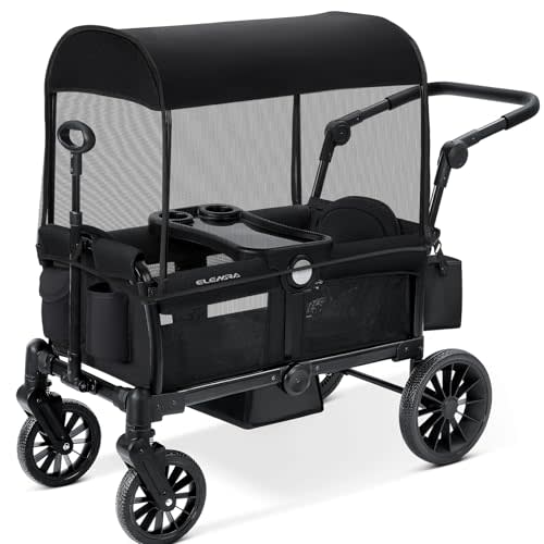 ELEMARA Foldable Wagon Stroller, Stroller Wagon for 2 Kids, Premium All Terrain Wagon for Kids with Removable Canopy, Adjustable Push/Pull Handle, Harnesses, Large Storage Bag, Black