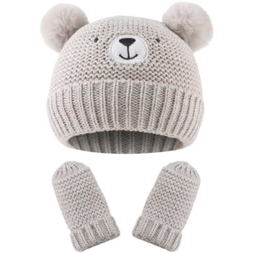 Cute Bear Baby Beanie Pompom Baby Hat Mittens Set Infant Toddler Beanie for Boys Girls