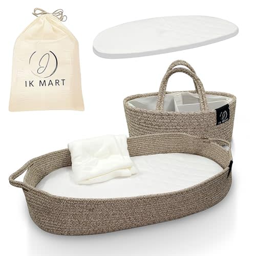 Baby Changing Basket - 100% Cotton Rope Woven Diaper Basket with Thick Foam Pad & Removable Cotton Mattress Cover - Boho Nursery Decor