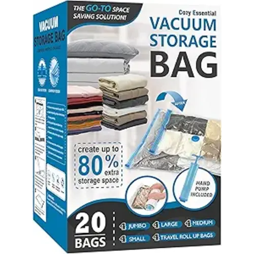 20 Pack Vacuum Storage Bags, Space Saver Bags (4 Jumbo/4 Large/4 Medium/4 Small/4 Roll) Compression for Comforters and Blankets, Sealer Clothes Storage, Hand Pump Included