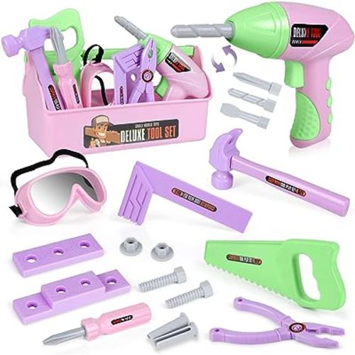 Kids Tool Set - Toddler Tool Playset with Toy Drill, Toy Tool Box, Construction Tools - Pretend Play Toddler Girl Toys Gifts for Toddlers Kids Aged 3 4 5 6 (Pink Tools)