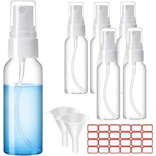 Spray Bottles, 2oz/50ml Clear Empty Fine Mist Plastic Mini Travel Bottle Set, Small Refillable Liquid Containers with 2pcs Funnels and 24pcs Labels (6 Pack)