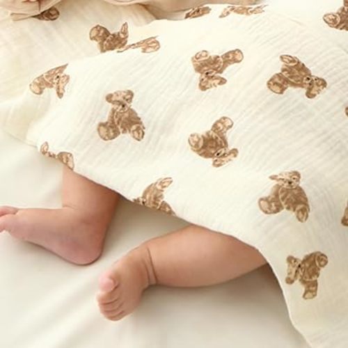 insular Cotton Muslin Baby Blanket with Tassel, Boho Bohemian Muslin Swaddle Blanket Baby Receiving Blanket with Fringe, Nursery Decor Throw or Nursing Blankets, 47" x40”, Little Bear