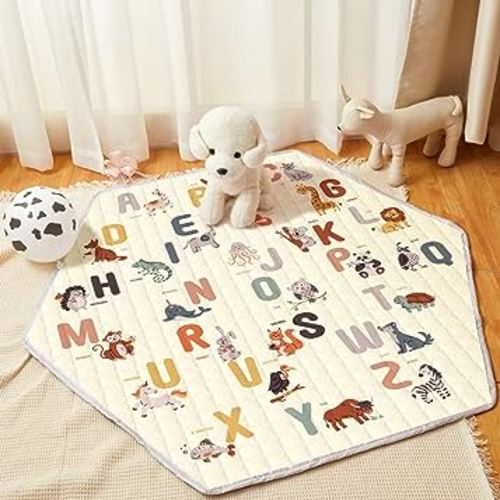 Funtery Woodland Animals Hexagon Playpen Mat Baby Play Mat Foldable Soft Nursery Rug Portable Baby Playmat Washable Comfortable Hexagon Playpen Mattress for Floor Activity Room Indoor Outdoor (Letter)