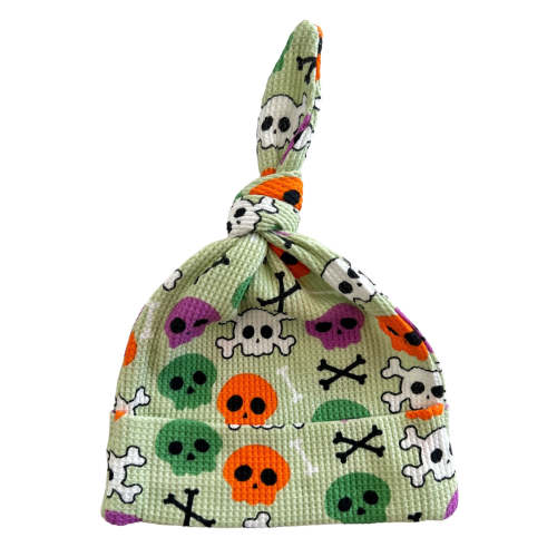 Organic Waffle Knot Beanie, Candy Skulls Green