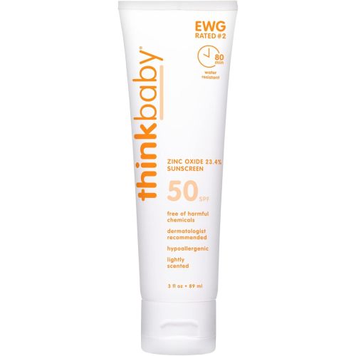 Thinkbaby SPF 50+ Baby Mineral Sunscreen – Safe, Natural Sunblock for Babies - Water Resistant Sun Cream – Broad Spectrum UVA/UVB Sun Protection – Vegan Baby Sunscreen Lotion, 3 Oz.