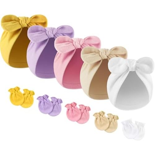 BQUBO Baby Turban Hats Mittens Set Baby Beanie Caps Infant Baby Hat with Bows No Scratch Mittens for Baby Girls Boys