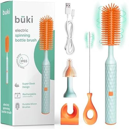 Büki Electric Baby Bottle Cleaning Brush Set - Rechargeable Electric Bottle Brush with Straw Cleaner - Water Bottle Cleaning Kit, Nipple Brush, 1200mAh Brush Cleaner, Orange (by Kindersense)