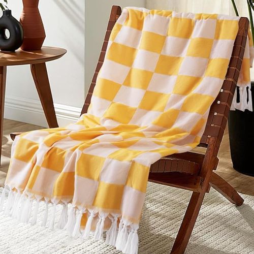 Lightweight Woven Throw Blanket Cotton Large Soft for Chair Couch Sofa Bed Festival Decorative Summer Manta para Beige Neutral Fall Farmhouse Vintage Primitive Cottage Nursery Yellow Check