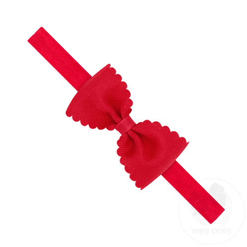 Small Scalloped Edge Grosgrain Bowtie on Matching Elastic Band - RED / NEWBORN (0-6 MONTHS) | Wee Ones Hair Bows & Accessories